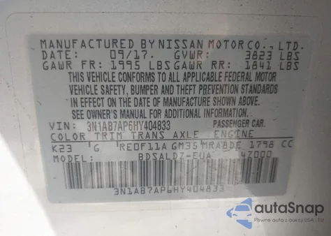 2017 Nissan Sentra Sv из США, поврежденный, VIN 3N1AB7AP6HY404833